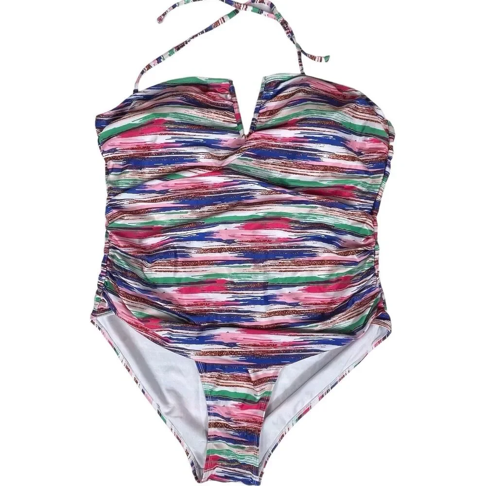 Catherine Malandrino Ruched One-Piece Swimsuit Plus Size 2X V-Neck Halter EUC